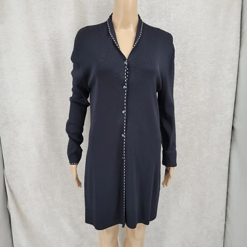Venini Longline Cardigan Sweater Duster Black Ribbed Sweater Women's Size Large